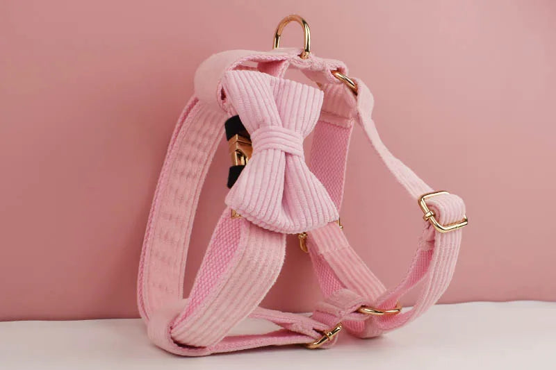 Pink Corduroy Pet Collar And Leash Set with Custom Engraved Nameplate