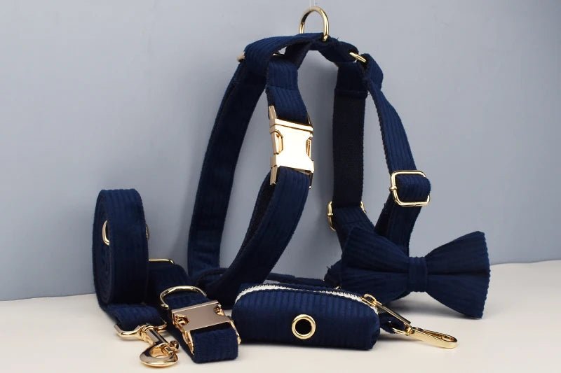Deep Blue Corduroy Pet Collar And Leash Set