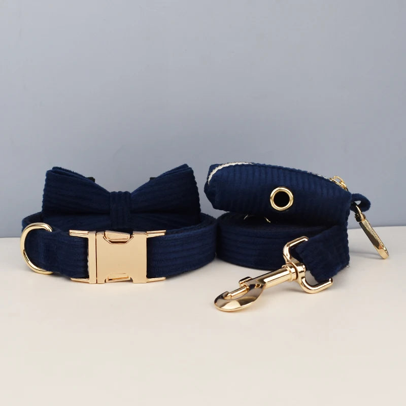 Deep Blue Corduroy Pet Collar And Leash Set