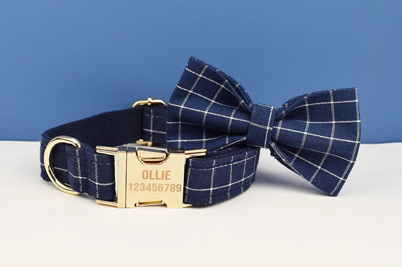 Dark Blue Check Pet Collar Set