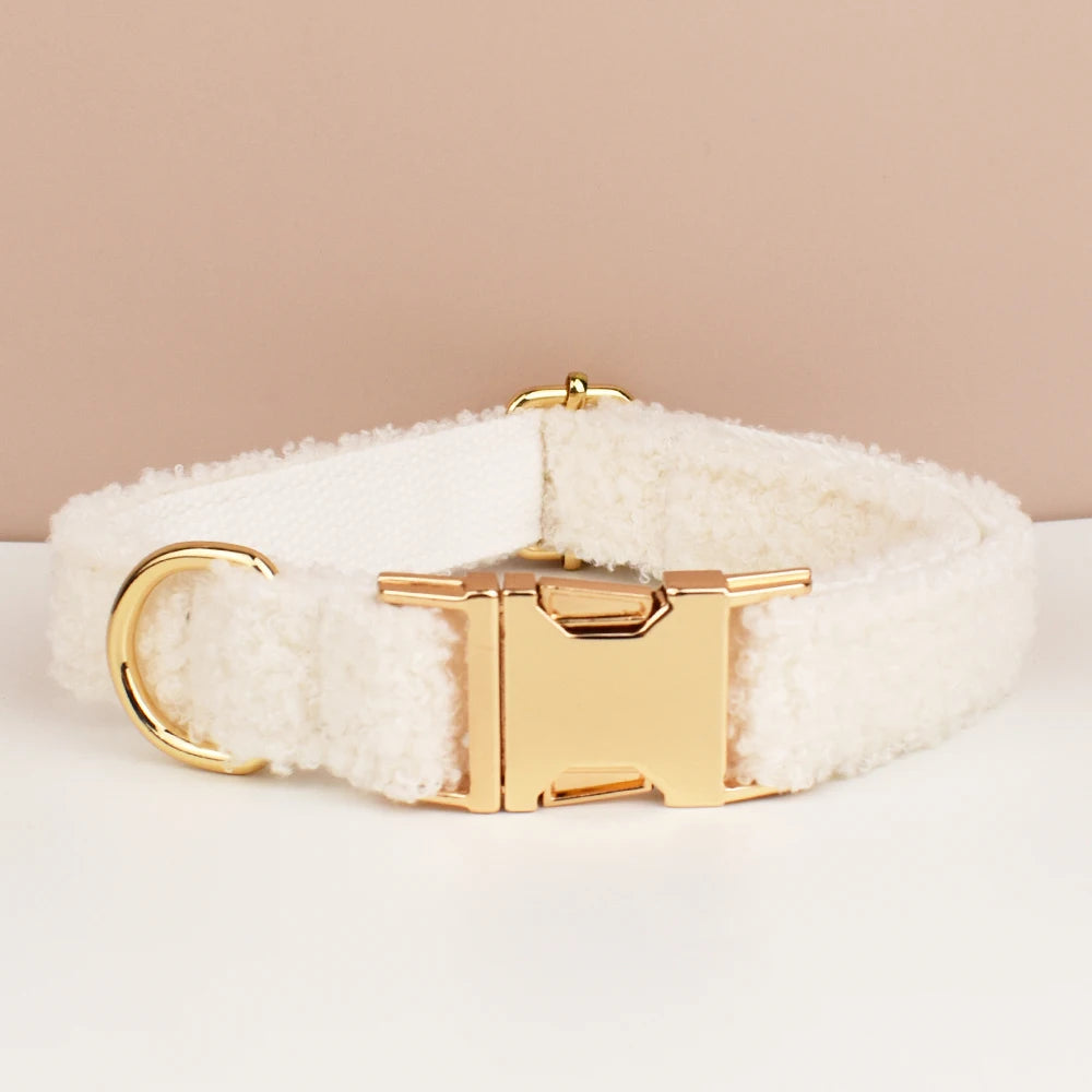 White Teddy Pet Collar & Harness Set With Custom Engraving