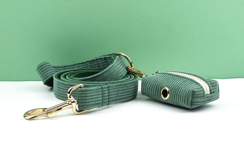 Dark Green Corduroy Pet Sets - Custom Engraved Nameplate