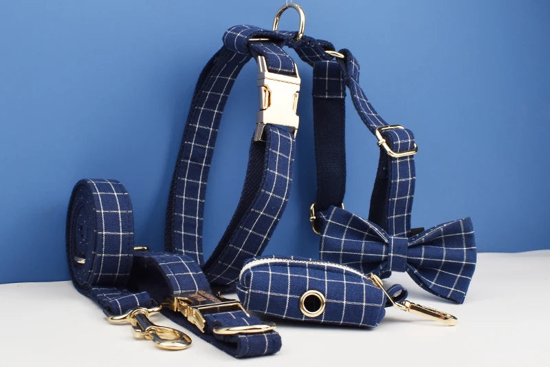 Dark Blue Check Pet Collar Set