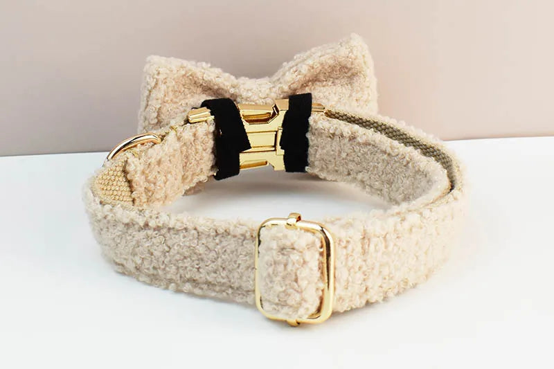 Cream Teddy Pet Collar And Leash Set With Custom Engraved Nameplate