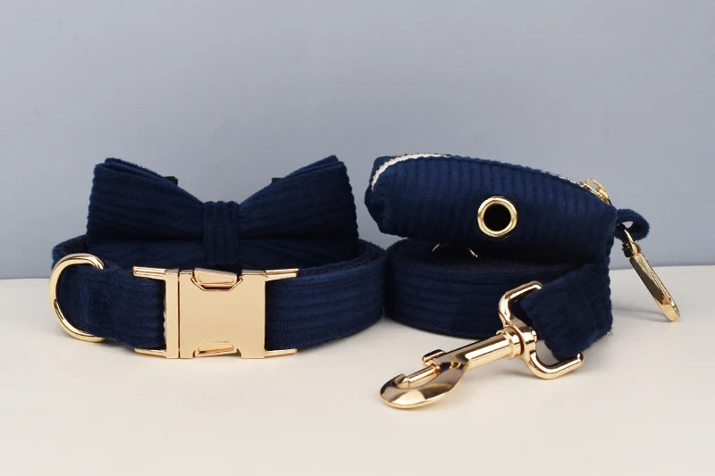 Deep Blue Corduroy Pet Collar And Leash Set