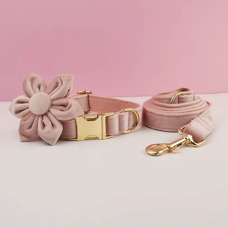 Pale Pink Velvet Dog Collar And Leash Set