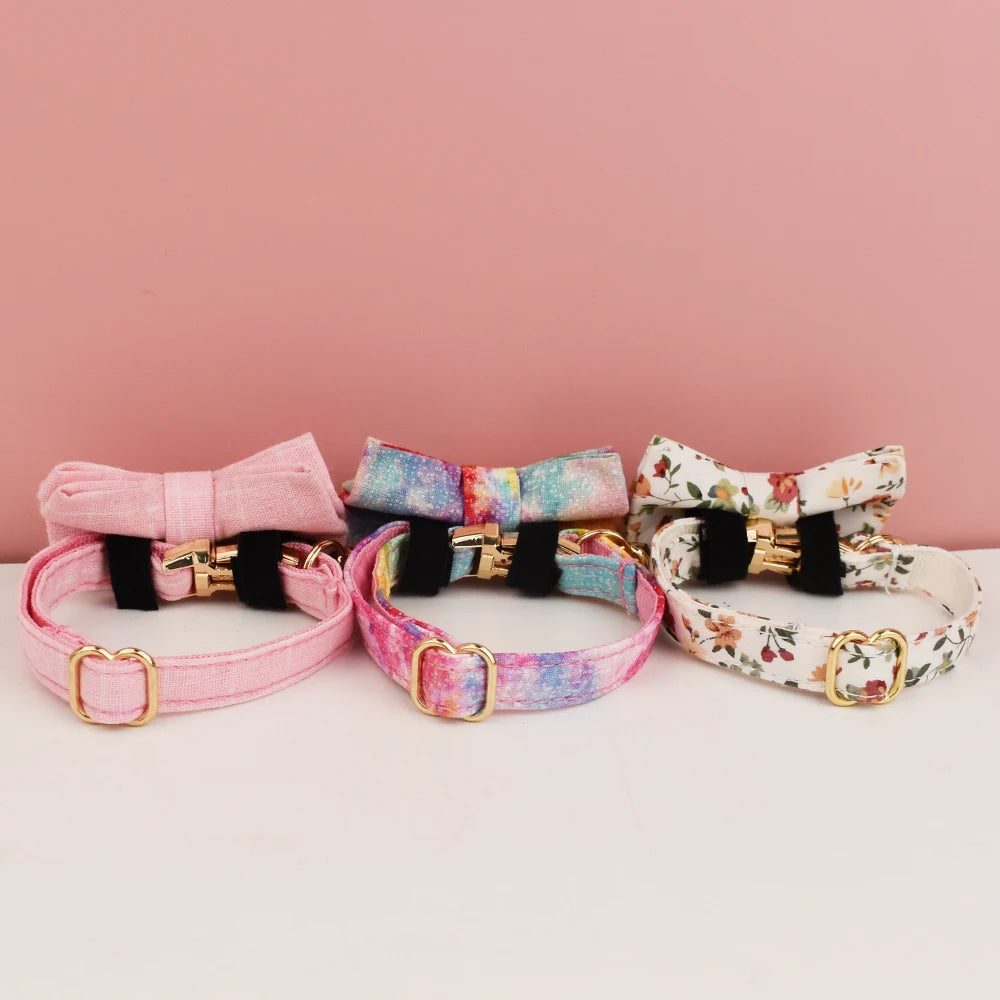 Cotton Cat Collar & Bow With Customized Name Engraving