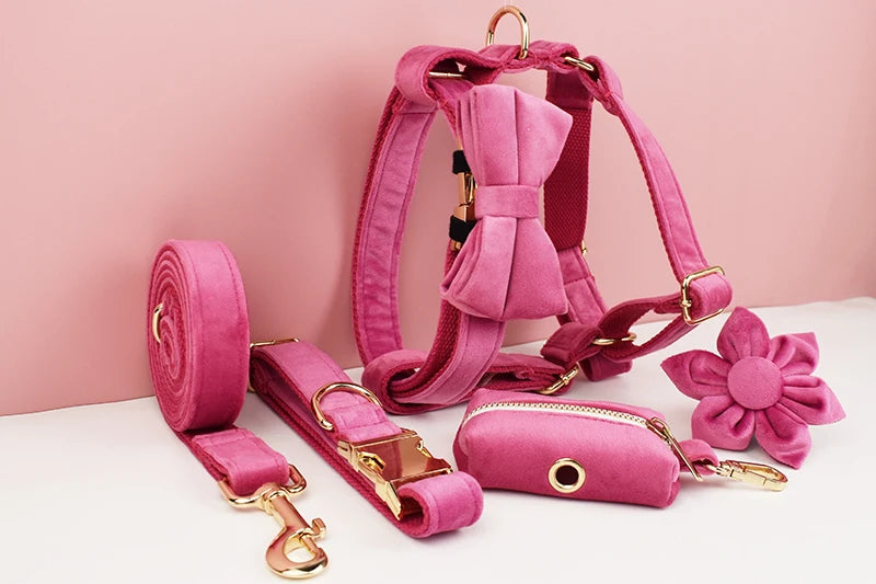 Rose Red Velvet Pet Collar And Leash Set
