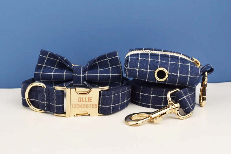 Dark Blue Check Pet Collar Set