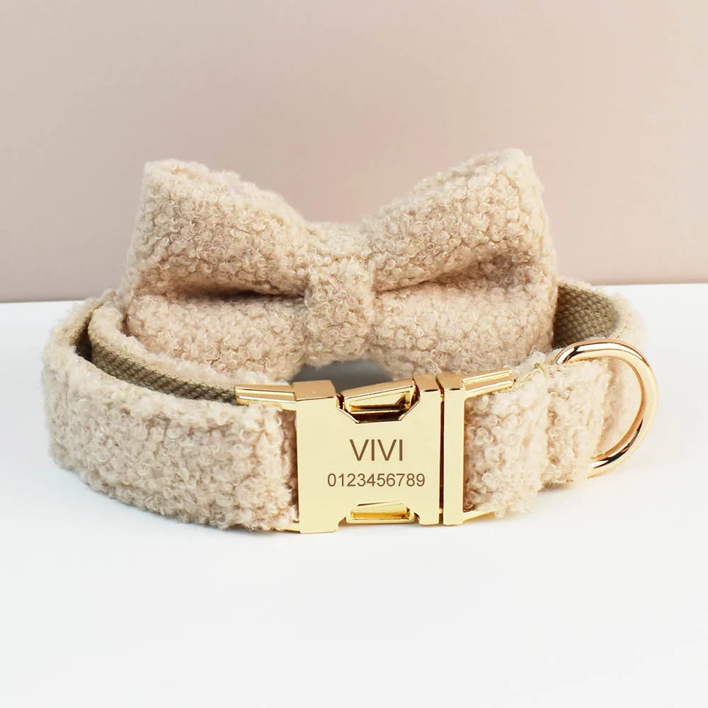 Cream Teddy Pet Collar And Leash Set With Custom Engraved Nameplate