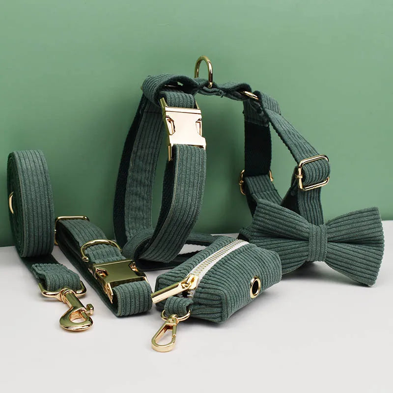 Dark Green Corduroy Pet Sets - Custom Engraved Nameplate