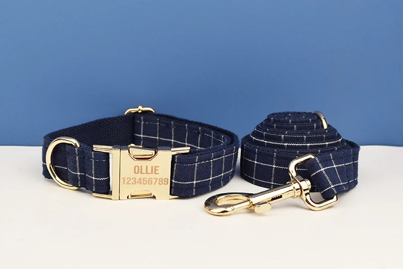 Dark Blue Check Pet Collar Set