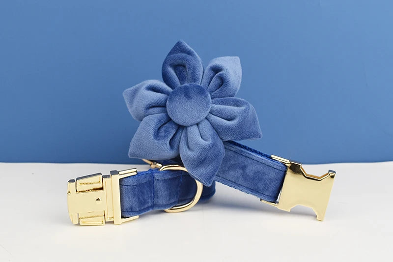Navy Blue Velvet Dog Collar And Leash Set