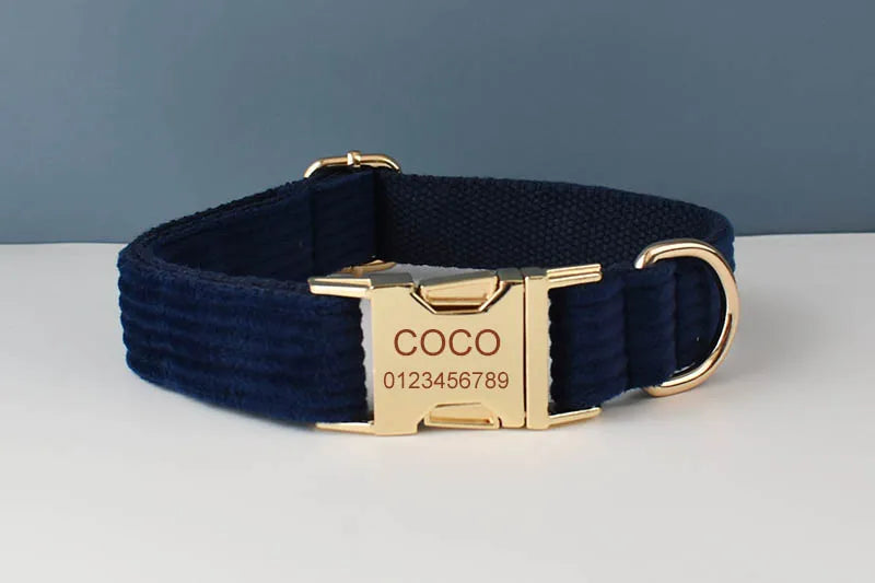 Deep Blue Corduroy Pet Collar And Leash Set