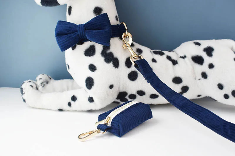 Deep Blue Corduroy Pet Collar And Leash Set