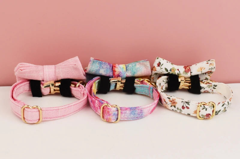 Cotton Cat Collar & Bow With Customized Name Engraving