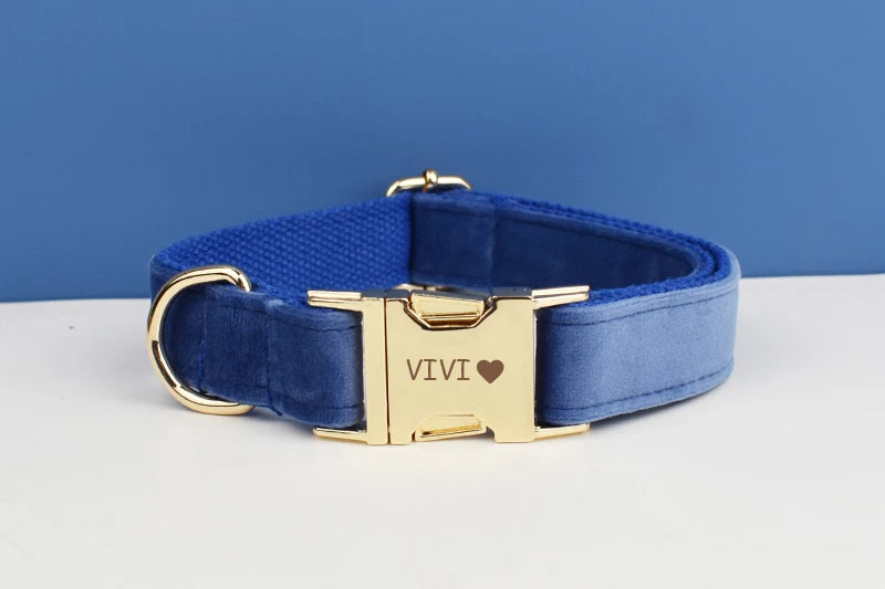 Navy Blue Velvet Dog Collar And Leash Set
