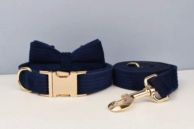 Deep Blue Corduroy Pet Collar And Leash Set