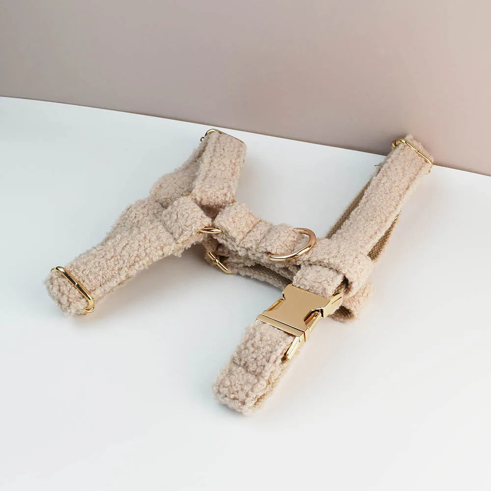 Cream Teddy Pet Collar And Leash Set With Custom Engraved Nameplate