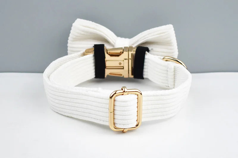 White Corduroy Pet Collar And Leash Set With Custom Engraved Nameplate
