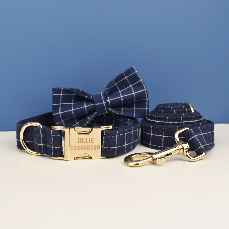 Dark Blue Check Pet Collar Set