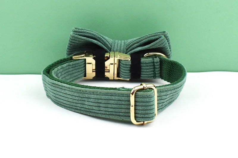 Dark Green Corduroy Pet Sets - Custom Engraved Nameplate