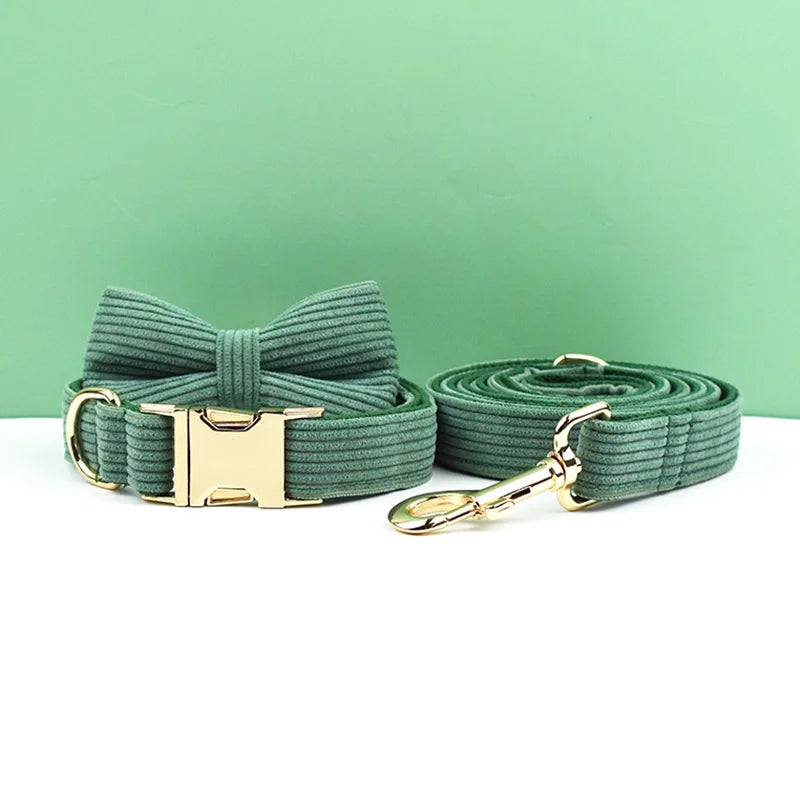 Dark Green Corduroy Pet Sets - Custom Engraved Nameplate