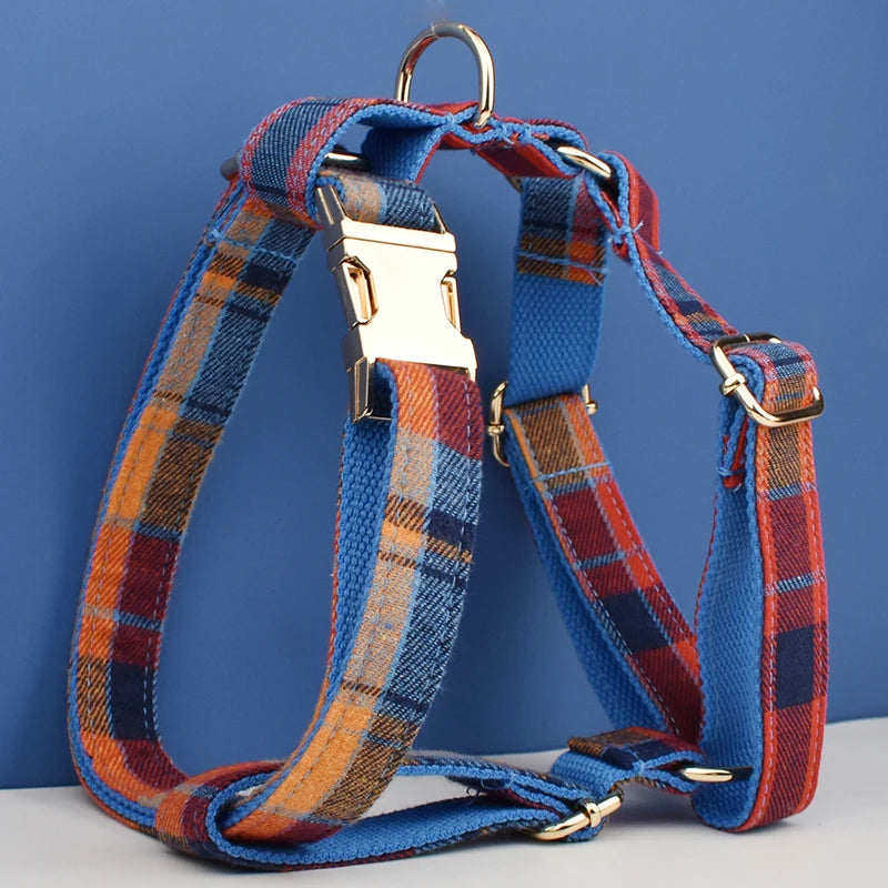 Soft Cotton Pet Collar Leash Harness Set - Custom Engraved Name