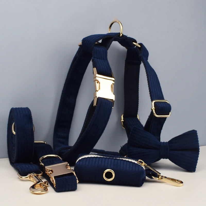 Deep Blue Corduroy Pet Collar And Leash Set