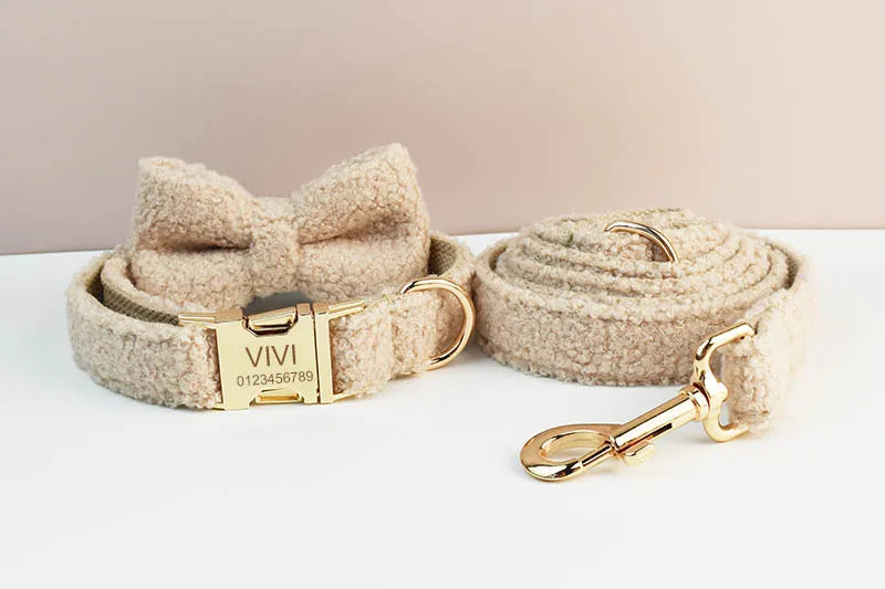 Cream Teddy Pet Collar And Leash Set With Custom Engraved Nameplate