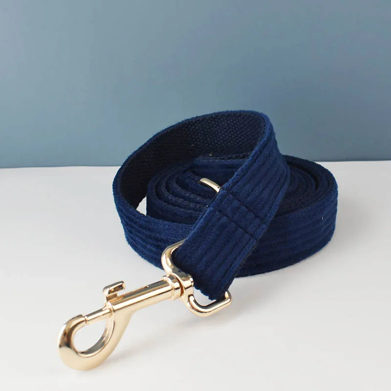 Deep Blue Corduroy Pet Collar And Leash Set