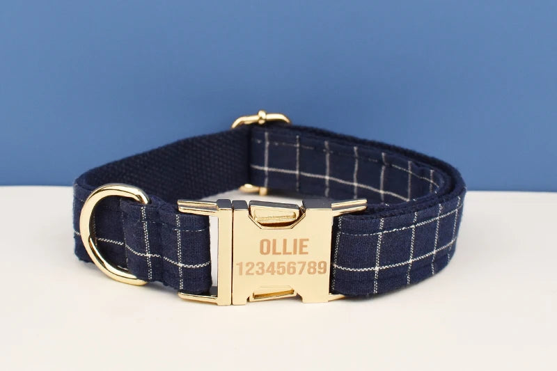 Dark Blue Check Pet Collar Set