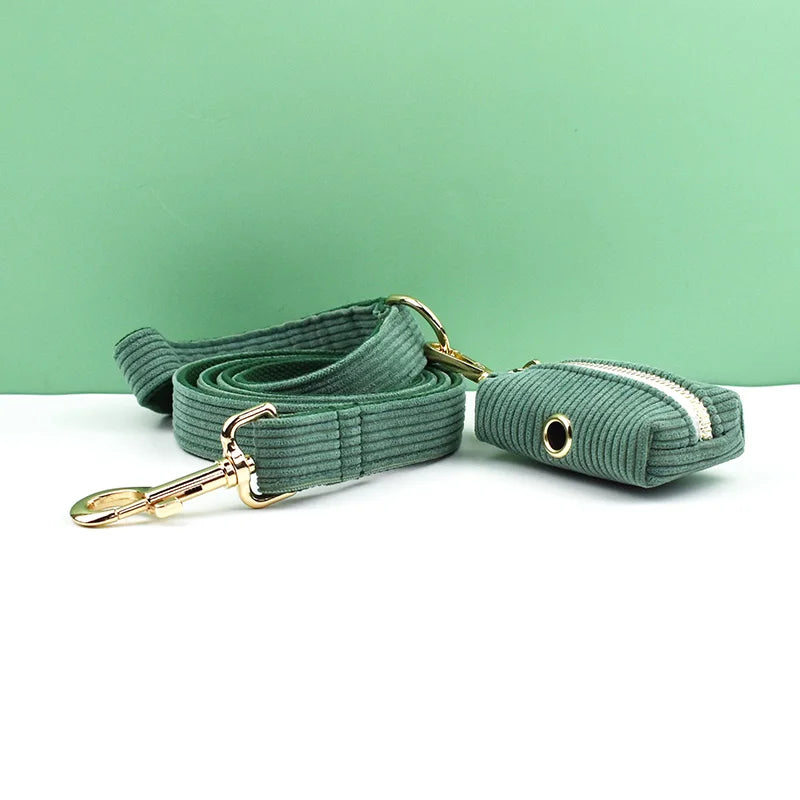 Dark Green Corduroy Pet Sets - Custom Engraved Nameplate