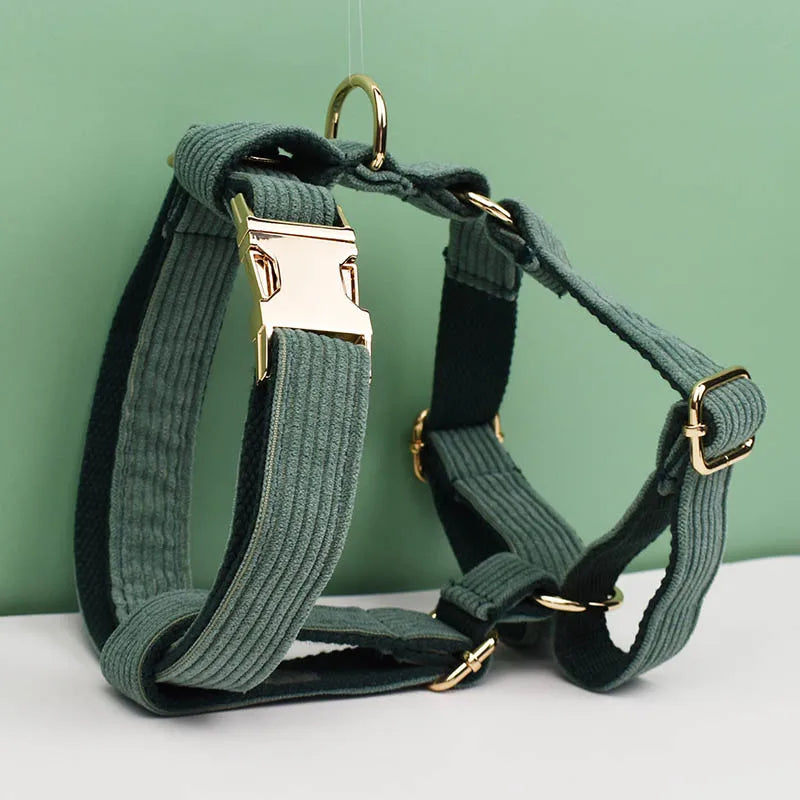 Dark Green Corduroy Pet Sets - Custom Engraved Nameplate