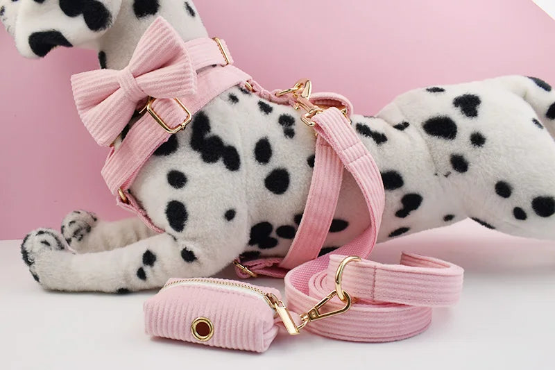 Pink Corduroy Pet Collar And Leash Set with Custom Engraved Nameplate