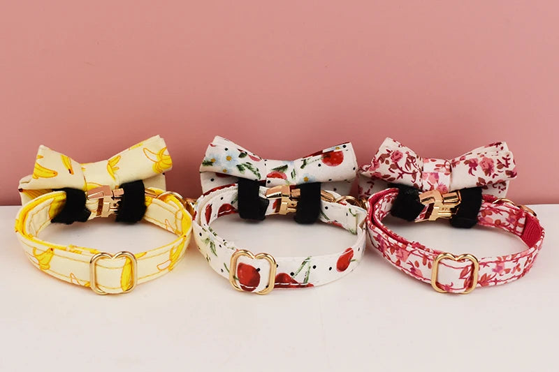 Cotton Cat Collar & Bow With Customized Name Engraving