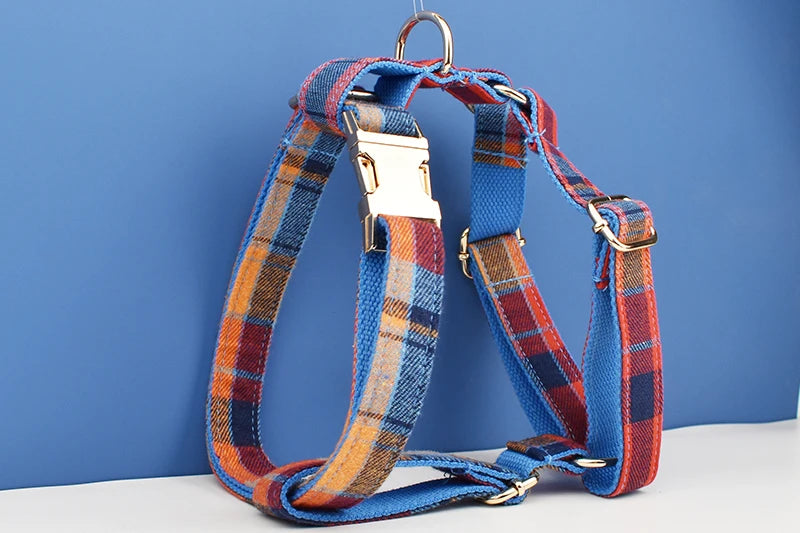 Soft Cotton Pet Collar Leash Harness Set - Custom Engraved Name