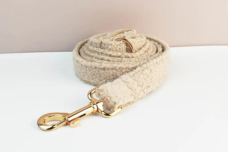 Cream Teddy Pet Collar And Leash Set With Custom Engraved Nameplate