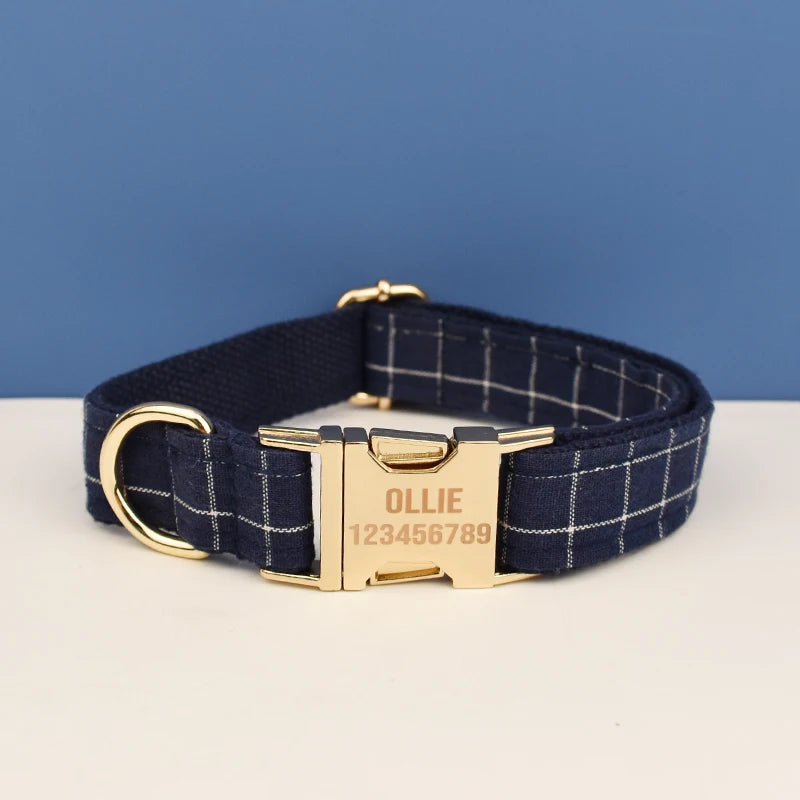 Dark Blue Check Pet Collar Set