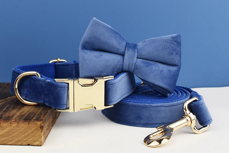 Navy Blue Velvet Dog Collar And Leash Set
