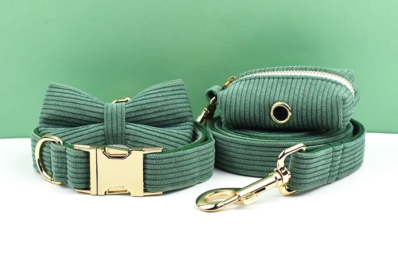 Dark Green Corduroy Pet Sets - Custom Engraved Nameplate