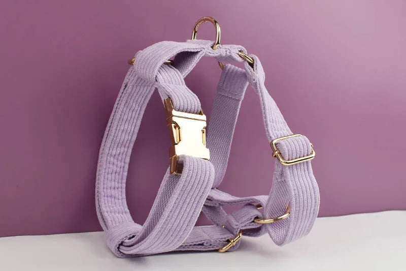 Purple Corduroy Pet Collar And Leash Set with Engraved Nameplate
