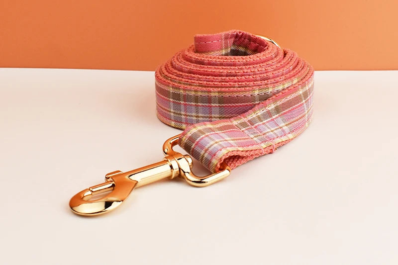 Plaid Pet Collar And Leash Set With Engraved Nameplate