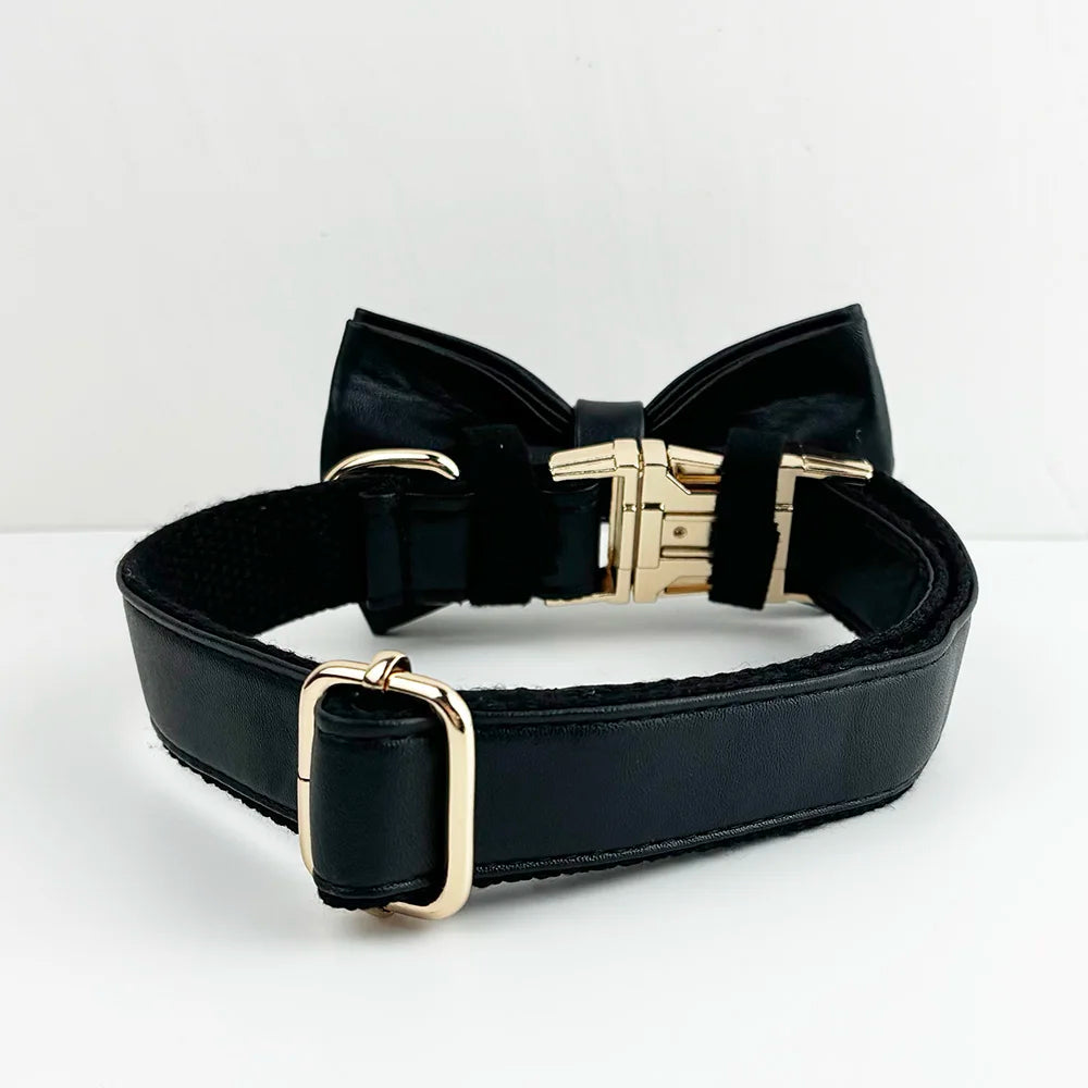 Black Leather Pet Collar And Leash Set With Custom Engraved Nameplate