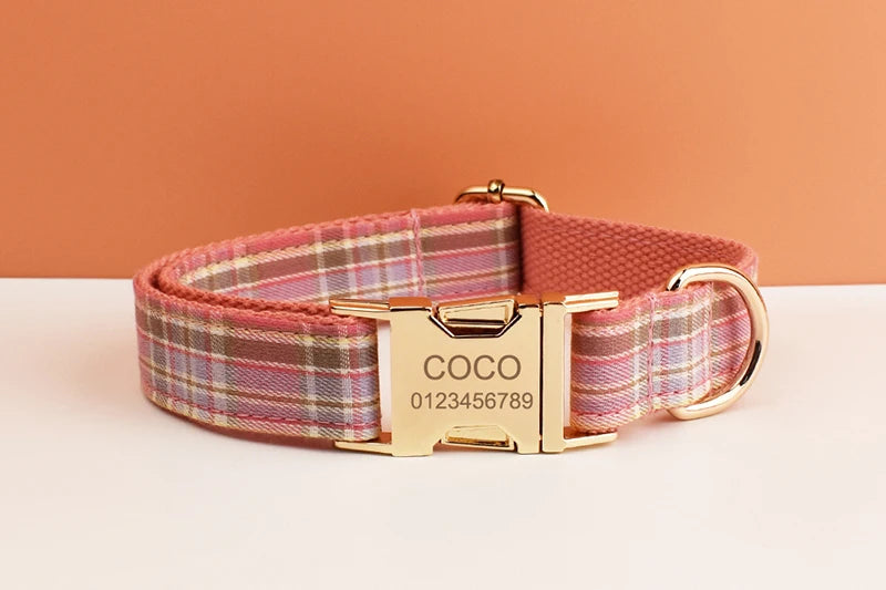 Plaid Pet Collar And Leash Set With Engraved Nameplate