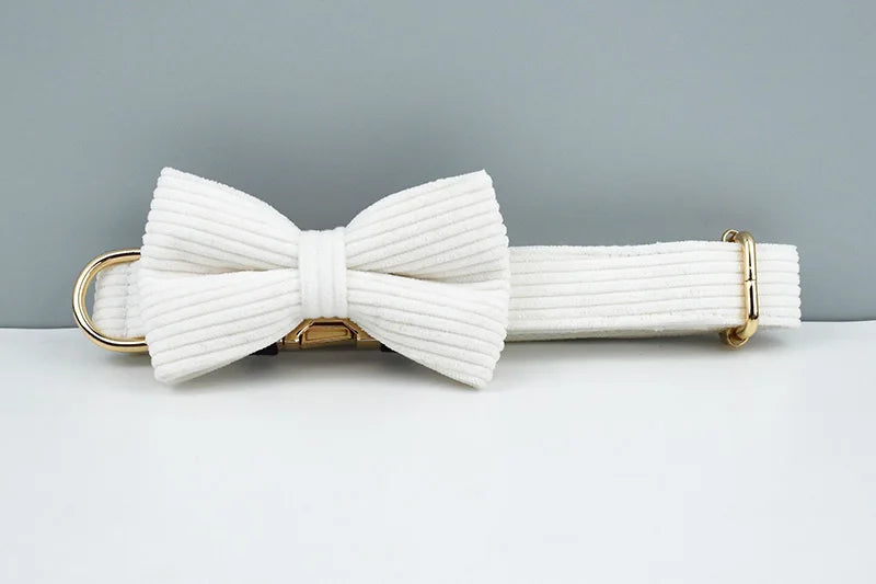White Corduroy Pet Collar And Leash Set With Custom Engraved Nameplate