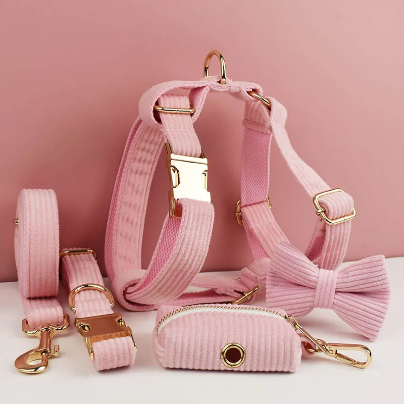Pink Corduroy Pet Collar And Leash Set with Custom Engraved Nameplate