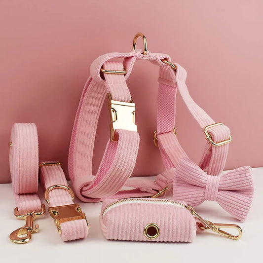 Pink Corduroy Pet Collar And Leash Set with Custom Engraved Nameplate