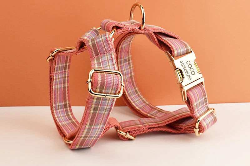 Plaid Pet Collar And Leash Set With Engraved Nameplate