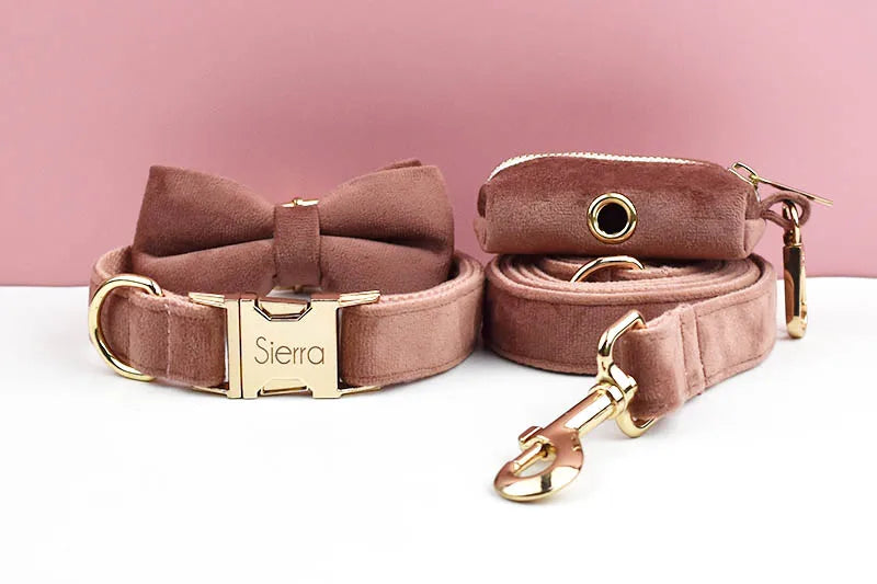 Dusty Pink Velvet Pet Collar And Leash Set with Nameplate